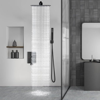 Aolemi Shower Faucet Set Rain Shower System with Handheld Spray Bathroom Shower Combo Rough-in Valve and Shower Trim Kit Included Matte Black 12 Inch Wall Mount Shower Head