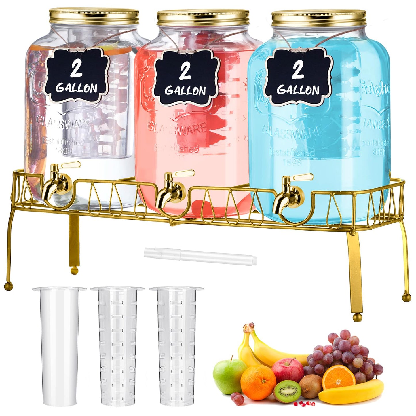 Lallisa 3 Pcs 2 Gallon Glass Drink Dispenser with Stand and Lid Mason Jar Beverage Dispenser with Stainless Steel Spigot, Hanging Chalkboard Signs, (Gold)