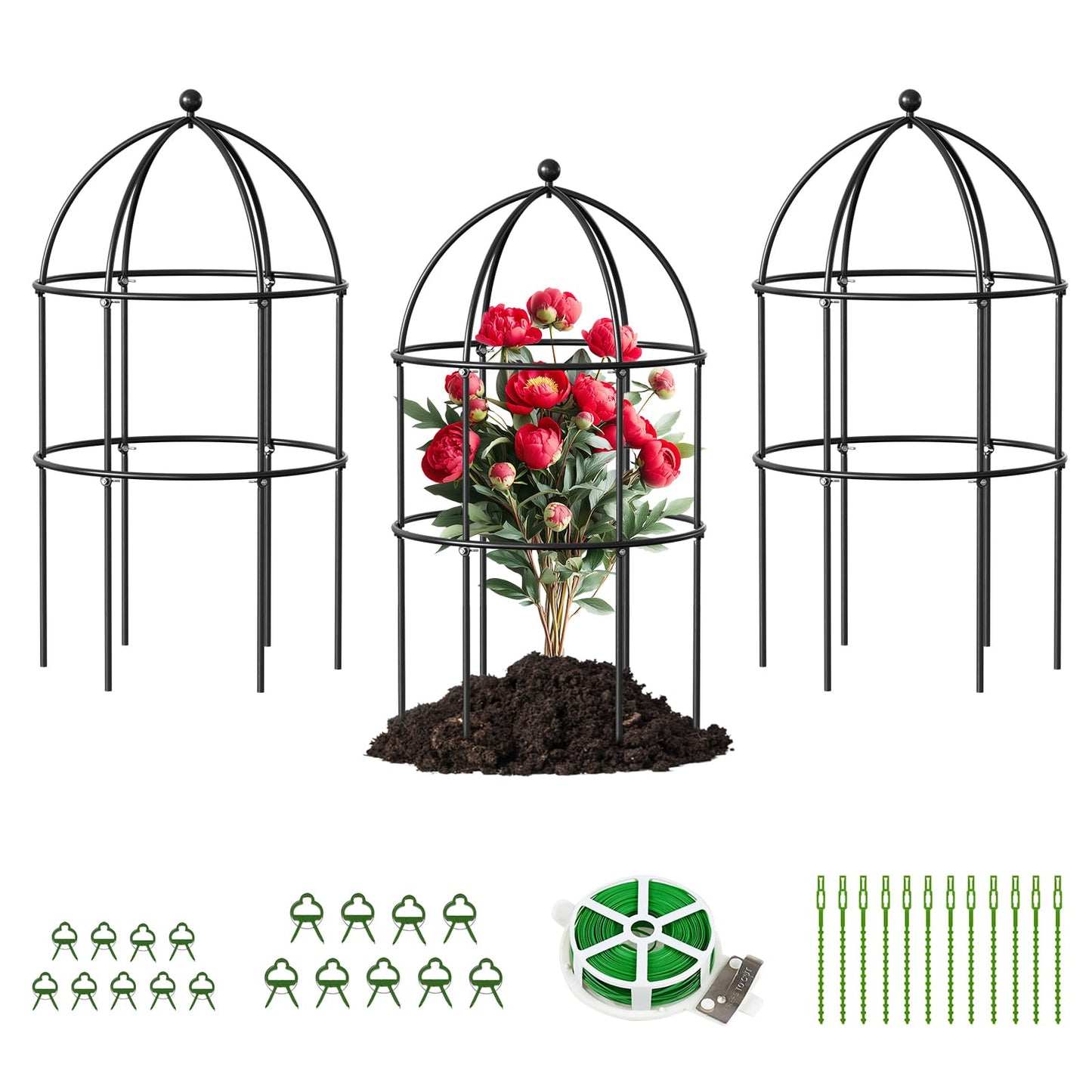 DoCred 3 Pack Plant Support, Plant Supports for Peonies Large Sturdy Grow-Through Steel Flower Support Trellis and Garden Decor | Best to Support Peonies, Baptisia, Sedum, Black
