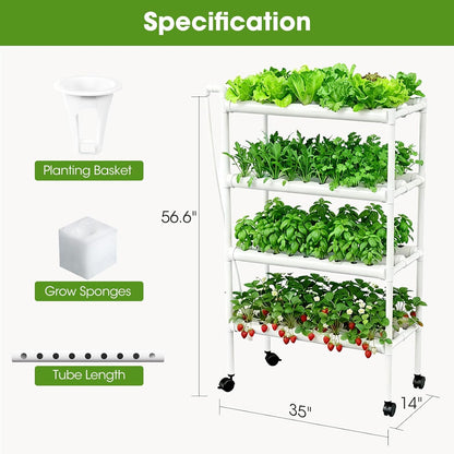 Hydroponics Growing System Kit with Wheels, 108 Plant Sites Gardening Aquaponics Tower, 4-Tier Food-Grade PVC-U Pipes Water Pump Timer for Leafy Vegetables, Indoor, Outdoor (34"x62"x15" in 108 Holes)