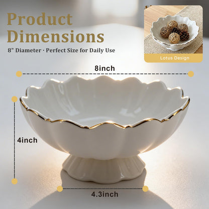 White Small Decorative Bowl 8 Inch Ceramic Key & Fruit Bowl Ruffle Lotus Shape with Gold Rim Candy Bowl, Multi-Use Centerpiece Pedestal Bowls for Kitchen Counter, Coffee Table, Entryway, Wedding
