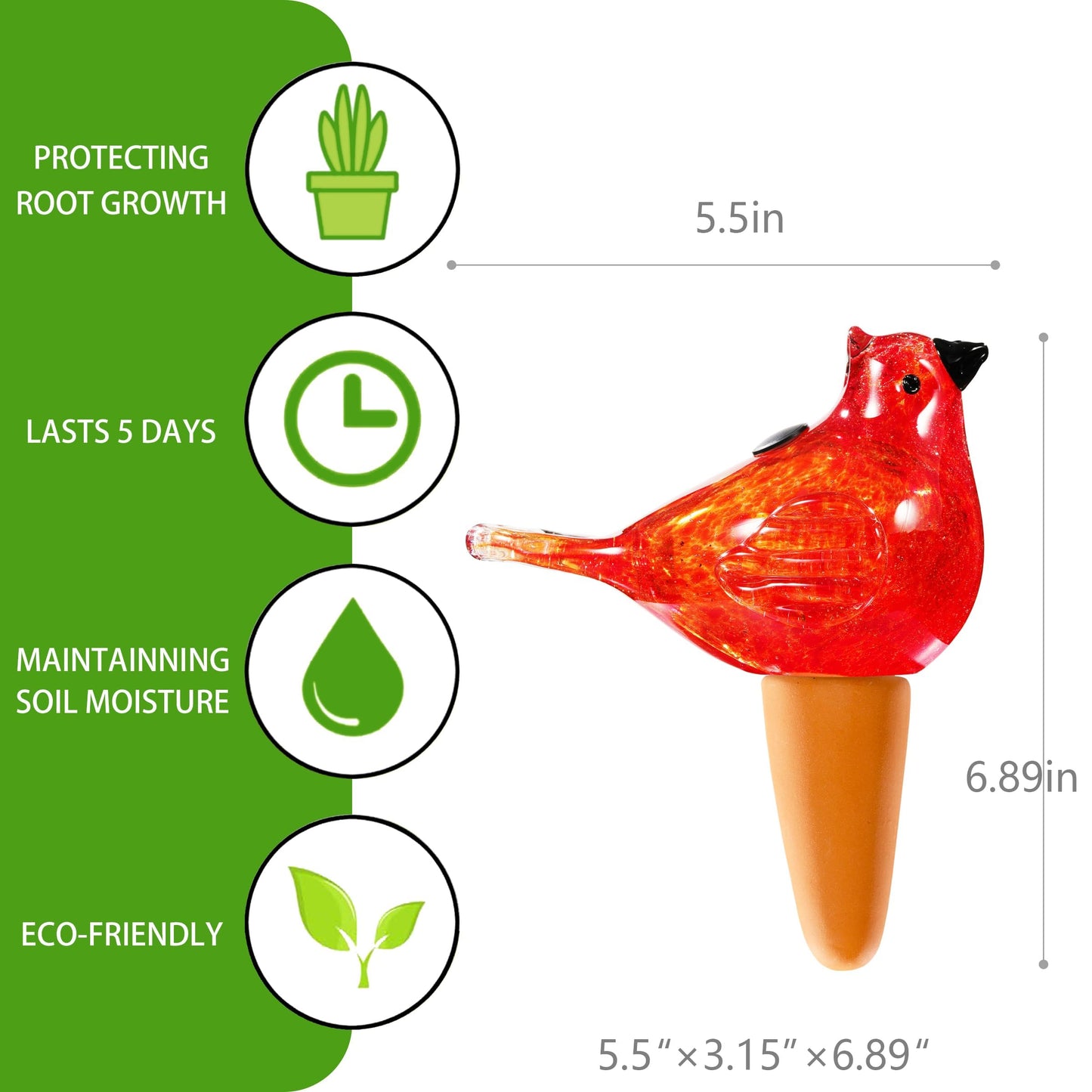 Plant Watering Globes, Bird Glass Self Watering Planter Insert - for Indoor & Outdoor Plants - Glass Plant Water Globes for Daily Use, Planter Spikes to Support Indoor & Outdoor Plant Health, Red