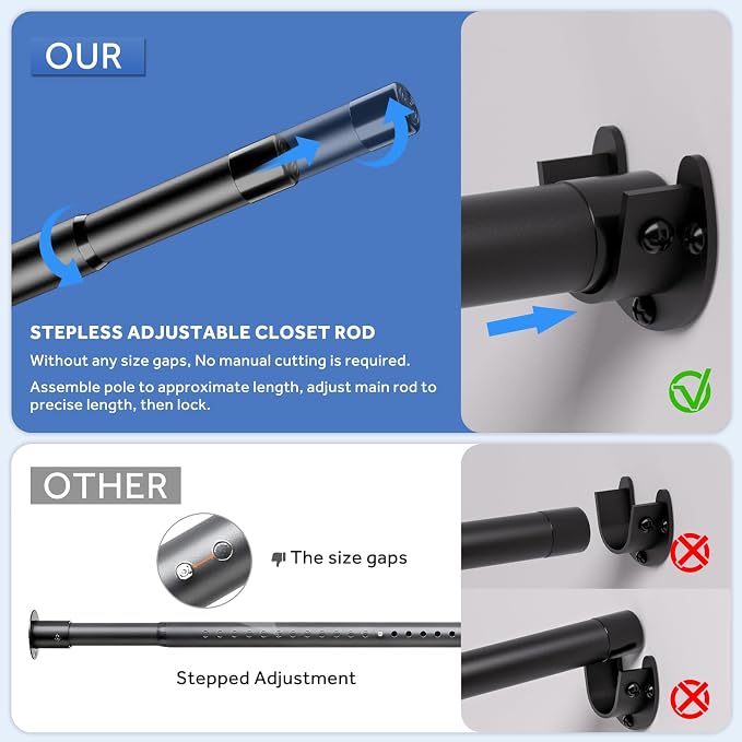 SUTINE Closet Rod, 17 to 97 Inch Closet Rods for Hanging Clothes, Heavy Duty Adjustable Clothes Hanging Bar Rod Matte Black Closet Poles for Wardrobes, Closet, Bathroom, Windows, 1.3 Inch Diameter