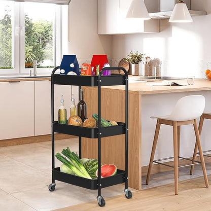 3-Tier Rolling Cart, Metal Utility Storage Carts with Wheels, Black | Multi-Functional Organizer Snack Cart Easy Assembly