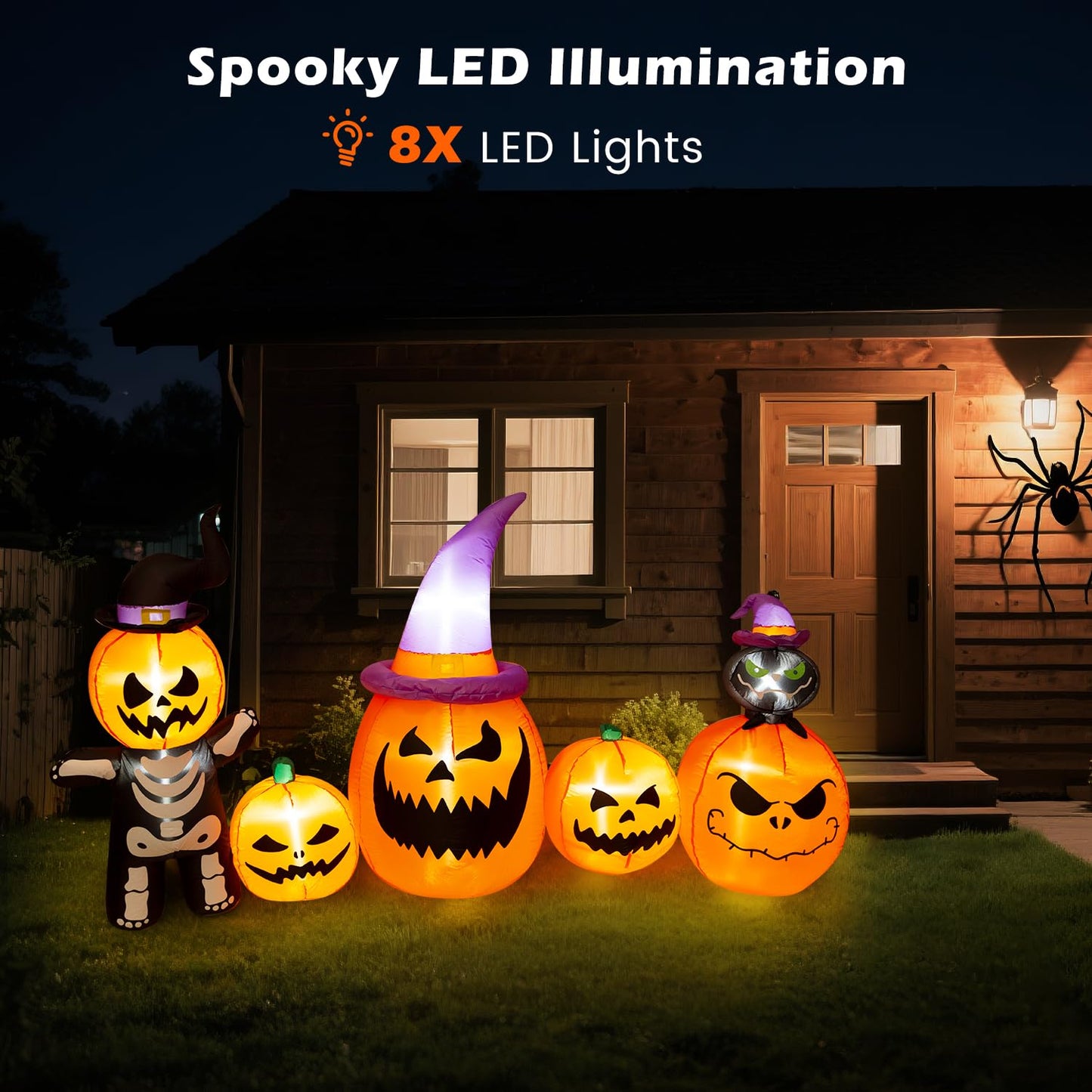 8FT Long Halloween Inflatable Pumpkins Outdoor Decorations, 5 Blow up Pumpkins with Witch Cats Built-in LED Lights, Halloween Inflatables Decor for Outside Yard Lawn