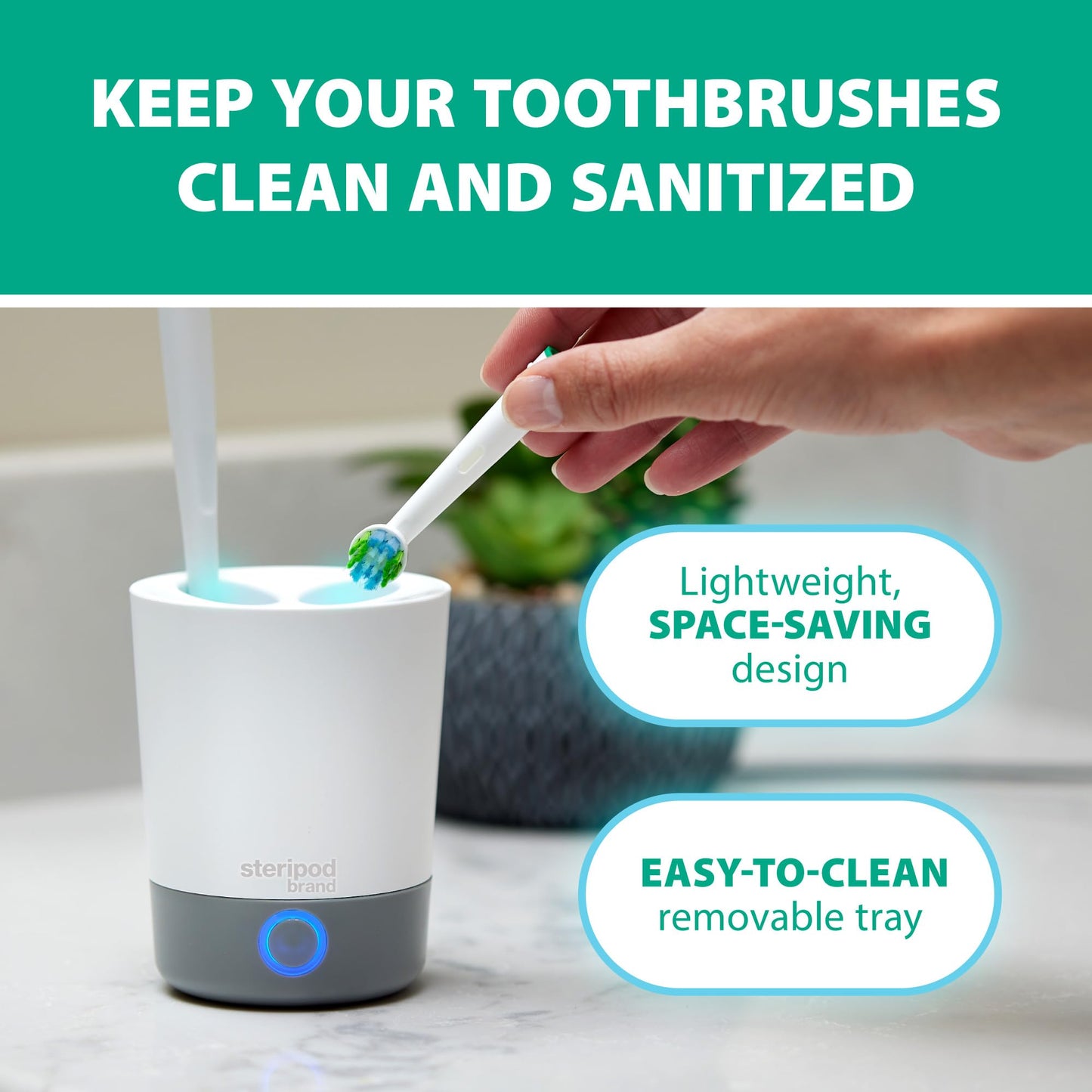Steripod Brand UV Home Countertop Toothbrush Sanitizer, Reduces Harmful Microorganisms, Toothbrush Holder and Cleaning Station, Holds Four Toothbrushes