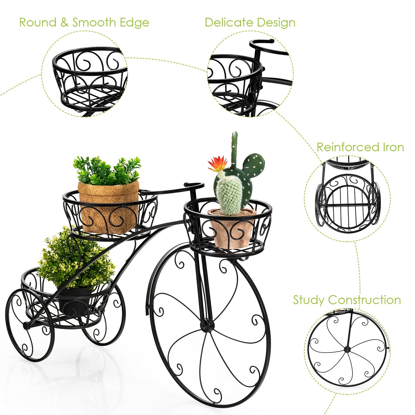 OFFICEJOY Bicycle Planter, Flower Pot Stand with 3 Decorative Wheels, 3 Collection Baskets, Metal Steel Frame, Tricycle Plant Stand for Outdoor, Indoor, Home, Balcony, Patio, Garden, Backyard