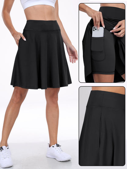 ANRABESS Women Knee Length Tennis Golf Skorts Skirts Summer High Waisted Athletic Skirt Casual Travel Built-in Shorts Clothes Black X-Large