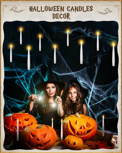 Floating Candles with Wand - Christmas Magic Hanging Flameless Candles Taper Candles with Remote for Halloween Window Home Bedroom Birthday Party Decorations (10 PCS White Candles + 1 Brown Wand)