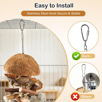 Natural Bird Toys for Parrots – 18in Handmade Shredding & Foraging Toy with Coconut Shells, Wood Blocks & Lava Stones – Parrot Toys for Sun Conures, Conures, Caiques, Cockatiels, Quaker Parrots