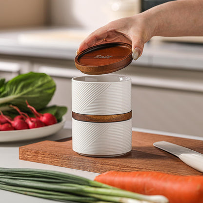 Adewnest Salt and Pepper Bowls: 10 oz Ceramic Stackable Spice Cellar with Wooden Lid - Stacked Seasoning Storage Containers for Countertop Stovetop - Striped, White