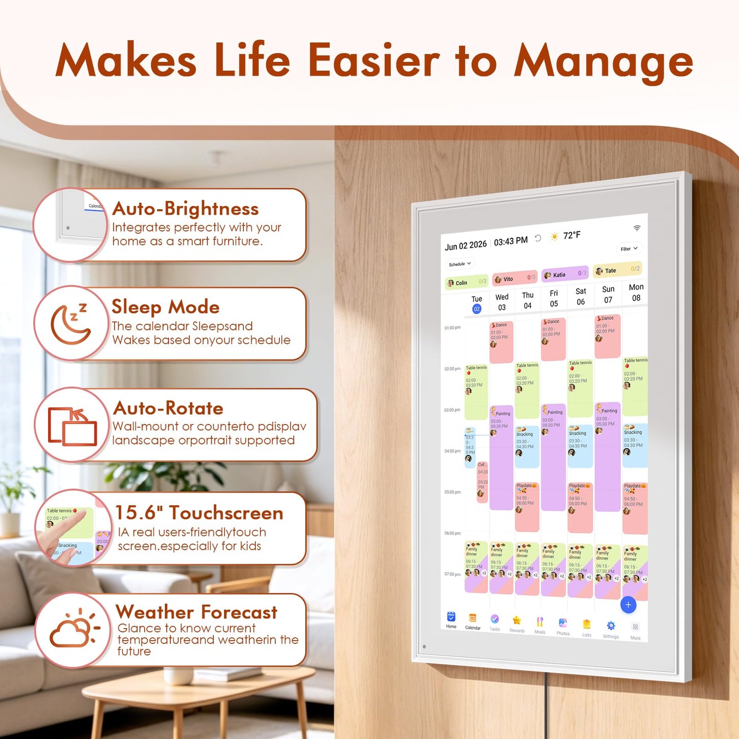 Digital Calendar 15.6 Inch, Electronic Calendar Chore Family Schedules, Smart Weekly and Monthly Planner, 1920 * 1080P IPS Touchscreen Interactive Display - Wall Mount White