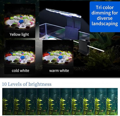 7W Nano Aquarium Light Clip-On Fish Tank Light with Timer & 9-Level Dimming&3 Colors for 1-5 Gallon Tanks, USB LED Full Spectrum Light (Adapter Not Included)