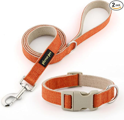 Plutus Pet Cotton Hemp Dog Collar and Leash Set, Adjustable Collar for Small, Medium, and Large Dogs, Heavy Duty and Soft on Skin, Orange, XL