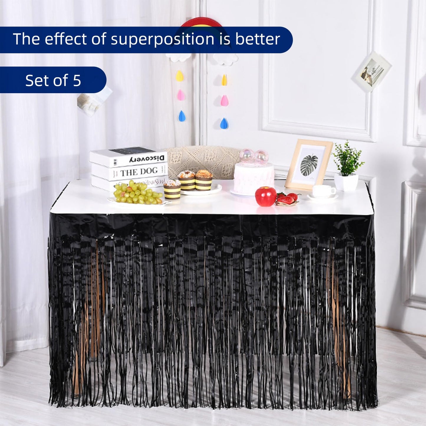 5 Pack Black Foil Fringe Table Skirt 29x108 Inch Metallic Foil Fringe Table Skirts Tinsel Streamer Curtains Backdrop Parade Floats Birthday Halloween Christmas Party Decoration (Black)