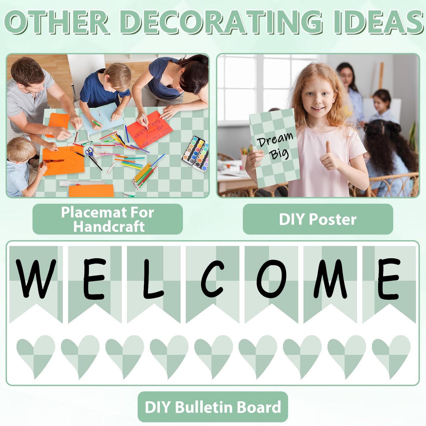 Green Checkered Bulletin Board Paper Roll Retro Hippie Green Bulletin Board Background Back to School Classroom Decor Poster for Art Craft DIY Project Home Office Spring Party Supplies 17.7inx20ft