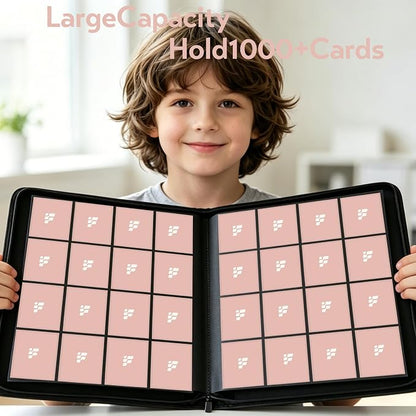 1000+ Pockets Trading Card Binder, 16 Pockets Trading Card Binder Ringless Side Loading Trading Card Album Folder for TCG,MTG,Sports Cards(Pink-1)