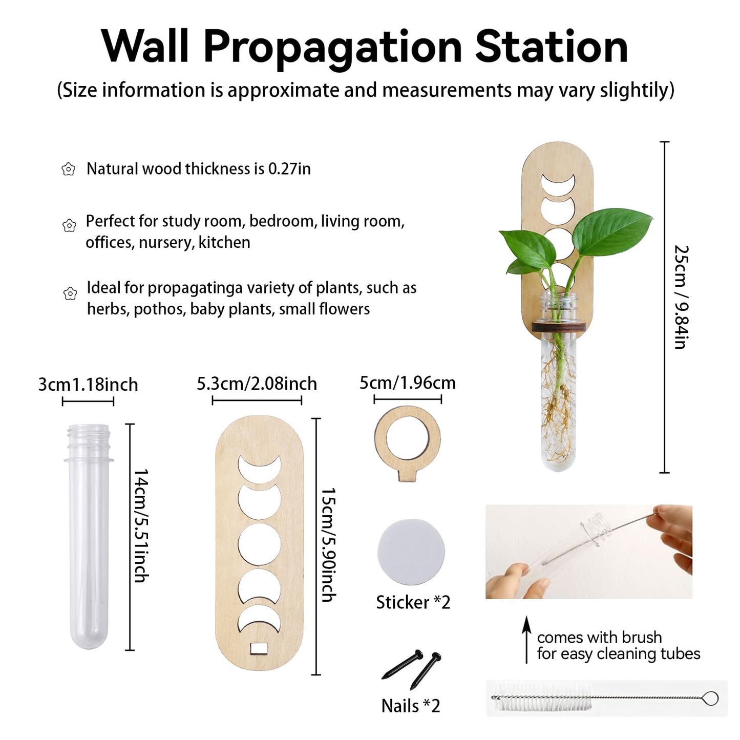 Artilady Plant Propagation Station 2 Pack Wall Hanging Plant Terrarium Holder with Test Tube Wood Window Planter Indoor Decor for Living Room Bedroom Kitchen (Moon Phase)