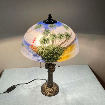 Bieye L10944 Coconut Trees Tropical Beach Hand-Painted Glass Table Lamp with Monkeys Harvesting Coconuts Lamp Base for Home Decor