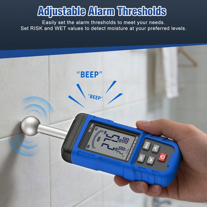 Moisture Meter, Wood Moisture Meter Rechargeable for Drywall Measurement, Pinless Moisture Meter with 20-100mm Measuring Depth for Detecting Humidity Level in Walls, Lumber, Masonry (Blue)