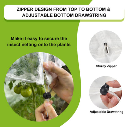 3Pack Garden Bird Netting for Square Tomato Cage, 59" x 18" Garden Netting Pest Barrier Mesh Plant Cover Tomato Cage Net with Zipper & Drawstring, Insect Barrier Tomatoes Protective Cover for Plants