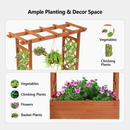 VINGLI 45-in Raised Garden Bed with Trellis & Hanging Roof, Wooden Elevated Planter Box with Drainage Holes for Outdoor Climbing Plants Vegetables Flowers, Patio Yard Balcony