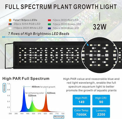 Advanced 7-Row LED Aquarium Light, Easy Setup Controller, Auto On Off Full Spectrum Fish Tank Light, 24/7 Lighting Cycle, 8 Colors, 10 Level Dimming, 32W for 24"-30" Freshwater Planted Tank