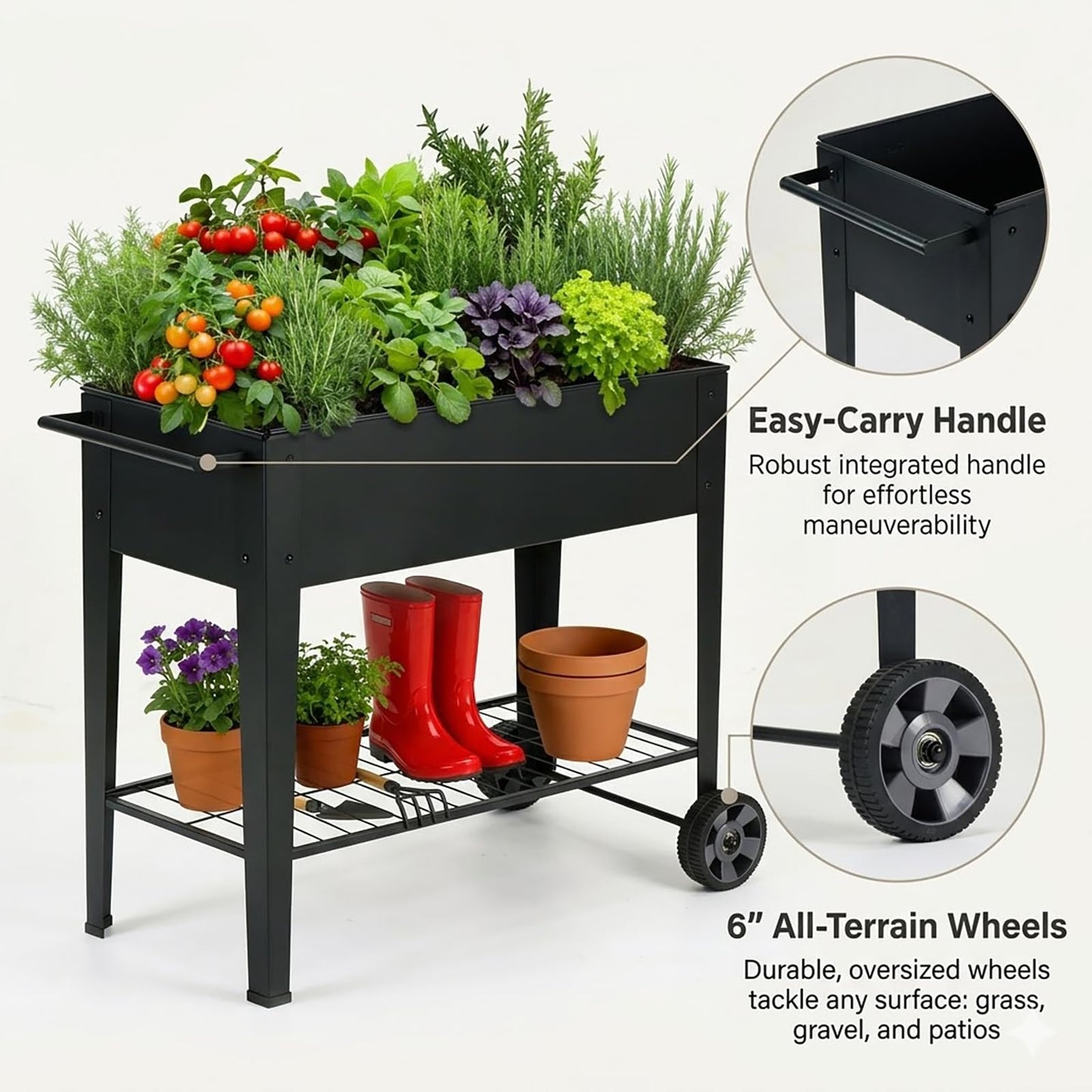 FOYUEE 31.5" Tall Raised Garden Bed with Wheels, Extra 15.7" W Planter Box (400 lbs Loads) with Storage Shelf & Handle,Heavy Duty Metal Garden Planter for Vegetables, Herbs & Flowers, Patio & Balcony