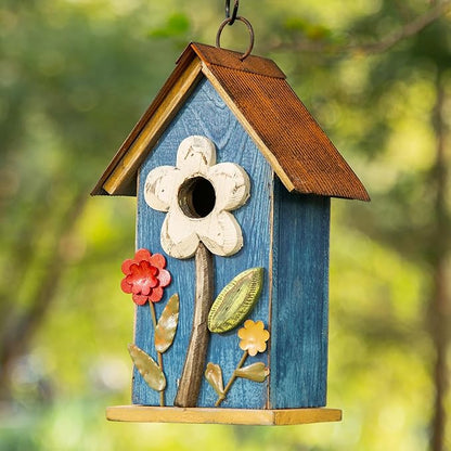 Glitzhome Hanging Bird House for Outdoor, 10.2" H Decorative Birdhouse Pet Cottage Distressed Wooden Bluebird House with 3D Flowers for Outdoor Patio Garden, Washed Blue