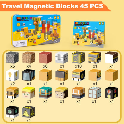 Aywewii Travel Magnetic Blocks 45 PCS Travel Toys for Kids Ages 3-5, Magnet Building Cubes STEM Learning Set with Iron Case - Portable Building Toys for Boys and Girls (Construction Edition 1)