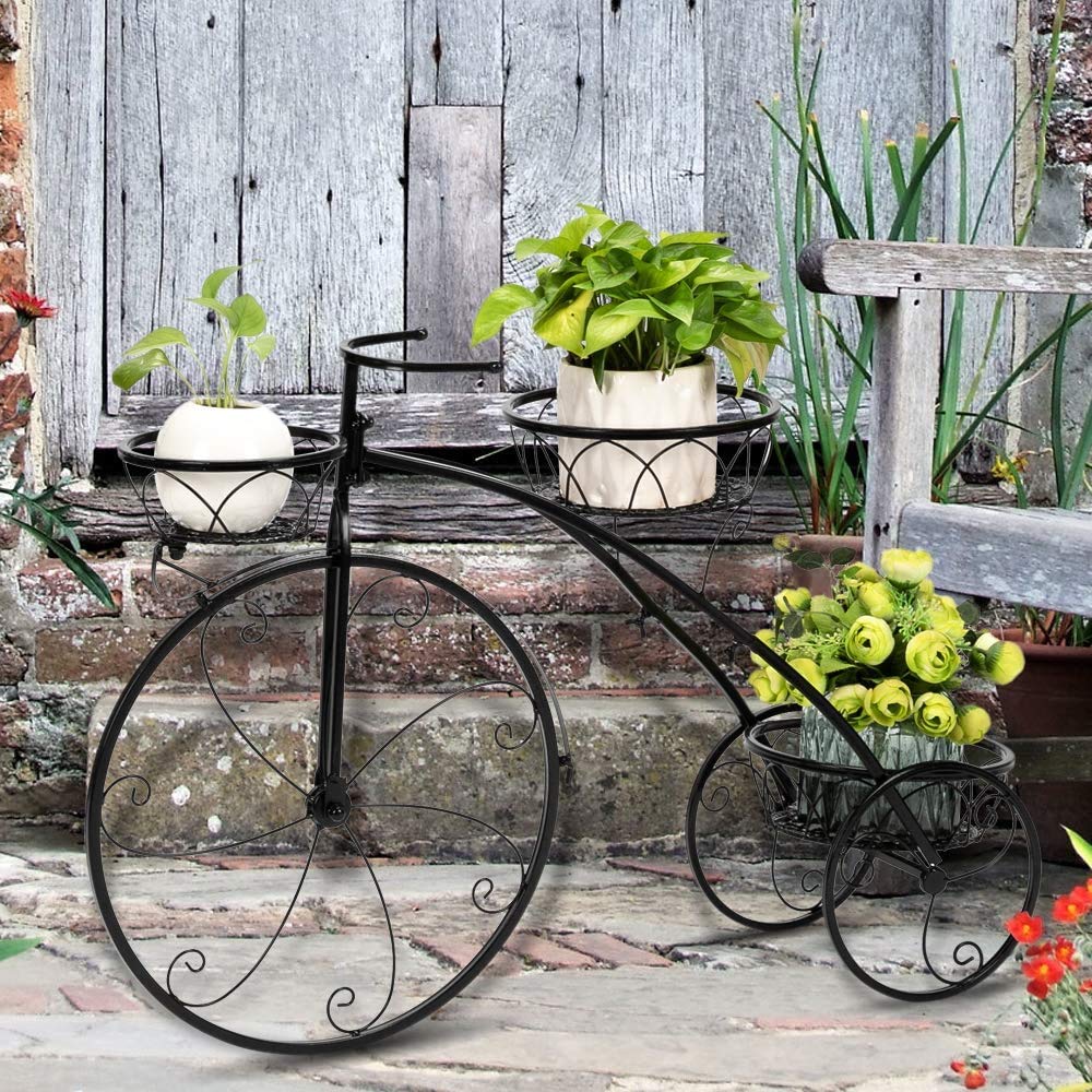Wintue Artisasset Paint Bicycle Shape Tricycle 3 Tier Plant Stand,3 Potted Metal Stand, Plant Stand for Indoor Outdoor Black
