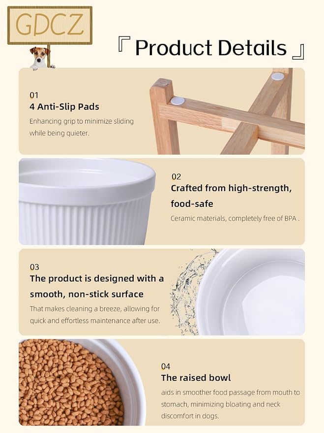 GDCZ 65 Oz Large Ceramic Raised Dog Food Bowl with Wooden Stand, White | Large 65oz Food Water Dish, Elevated Wooden Stand For Neck Relief, Heavy Tip-Proof Ceramic, Modern Fluted Design Textured