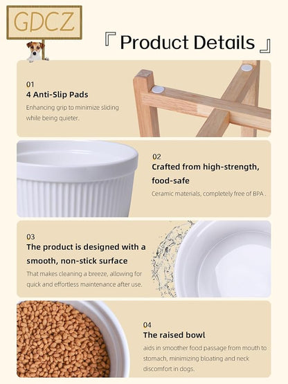 GDCZ 65 Oz Large Ceramic Raised Dog Food Bowl with Wooden Stand, White | Large 65oz Food Water Dish, Elevated Wooden Stand For Neck Relief, Heavy Tip-Proof Ceramic, Modern Fluted Design Textured