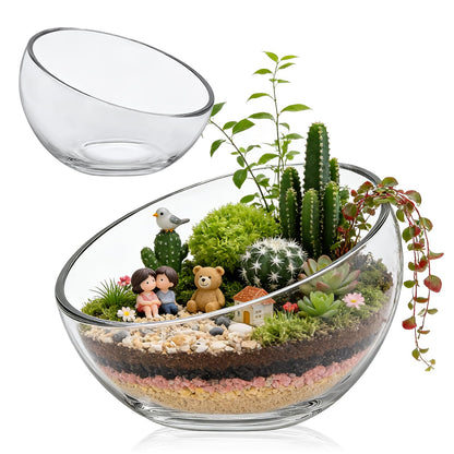 2Pack Slant Cut Bowl, Glass Terrarium, Glass Fish Bowl Vase, Flower Vase Centerpiece, Candy Dish, Fruit Jar (Big: Open 8.5" Height 6" x 3" ; Small: Open 5.75" Height 4" x 2")