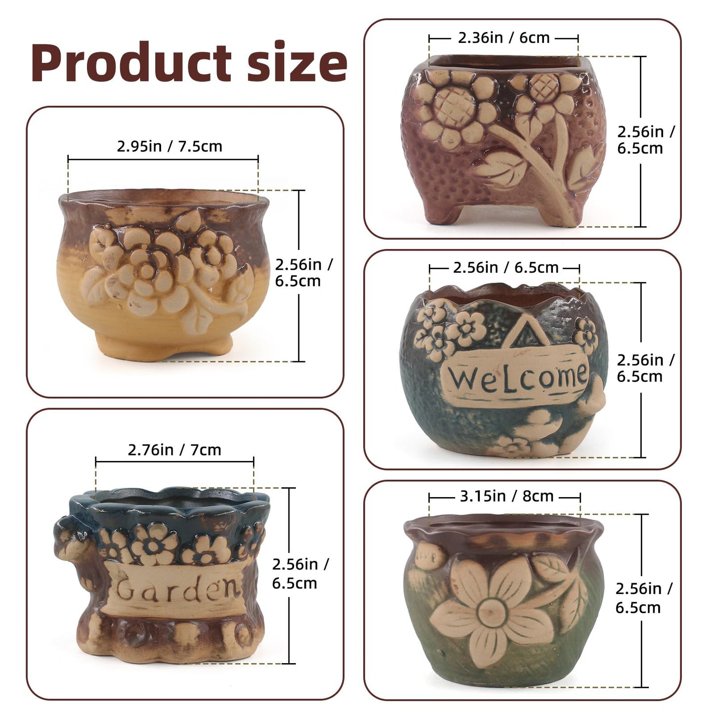 ginojex Succulent Ceramic Garden Pots Small Plant Planter Container with Drainage Set of 5 for Home Office Decor