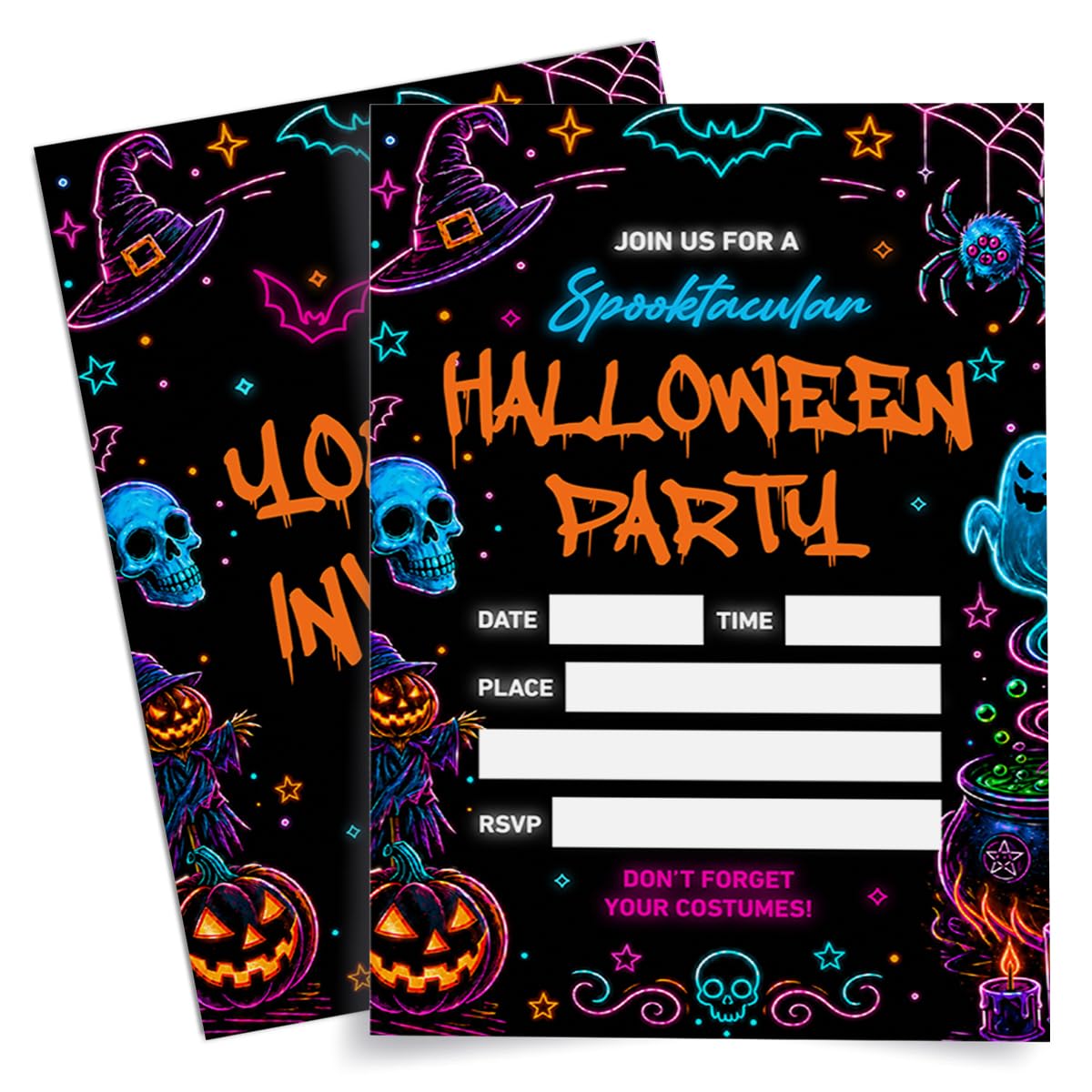 Weifuju 20 Pack Neon Spooky Halloween Party Invitations with Envelopes