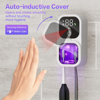 Toothbrush Sanitizer, Wall Mounted Toothbrush Holder & Toothbrush Cleaner, 4UVC Lights Cleaning, 2300mAh High-Capacity Battery, Auto-inductive Cover, Rechargeable Toothbrush Holders for Bathrooms, RV