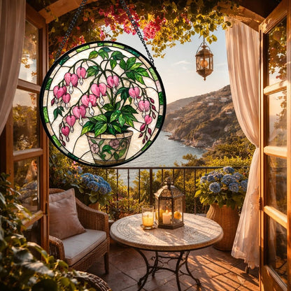 Stained Glass Window Hanging Sun Catcher Stained Glass Kit Style Pink Bleeding Heart Potted Floral Round Panel for Indoor Window Wall Garden Decor Gift