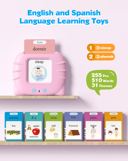 Airbition Bilingual Pink Spanish and English Talking Flash Cards, Pocket Speech Therapy Toy with 510 Words, Montessori Language Learning Toy, Children's Sensory Learning Kits