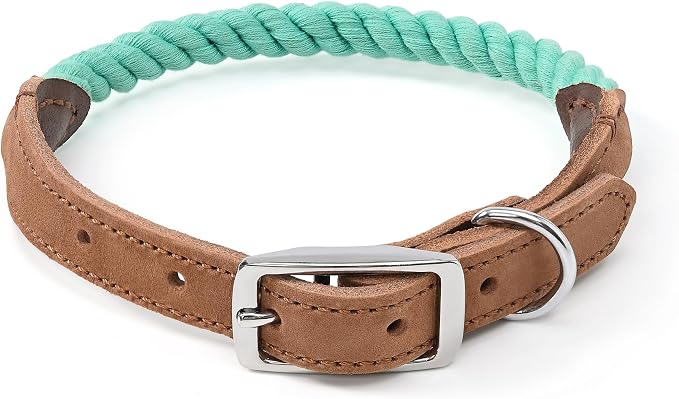 Mile High Life Genuine Leather Dog Collar, Durable Braided Cotton Rope Collar with Metal Pin Buckle for Small Medium Large Dogs (Green, S Neck 11"-15")