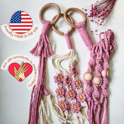 Set of 3 Macrame plant hangers with Daisies & Beads Hanging plant holder Macrame Plant hangers outdoor and indoor hanging planters Plant stand indoor Boho Decor hanging planter stand (Champagne Pink)