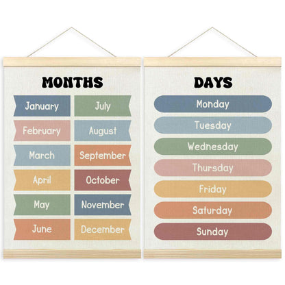 TLESKE Months of the Year Days of the Week Chart Poster Hanger Frame for Toddler Kid Classroom Set of 2, Homeschool Hanging Wall Art for Nursery Playroom, Preschool Learning Educational Poster, 12x16