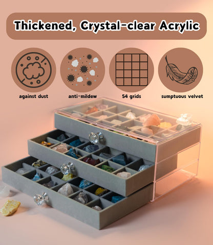 Acrylic Mineral Display Case - 3-Layer Rock Collection Box with 54 Grids & Velvet Lined Drawer | Anti-Tarnish & Dust-Proof Storage for Crystals, Gemstones, Fossils | Jewelry and Specimen Organizer