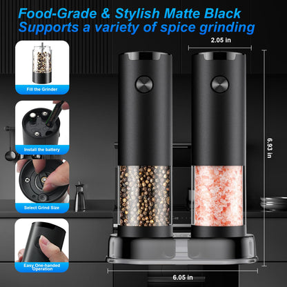 JIDSPWLS Electric Pepper and Salt Grinder Set（2 Pack Black/Black）Adjustable Coarseness Salt & Pepper Mill,With LED Light,Easy to Clean,Battery Powered,One Handed Operation,Kitchen Essential