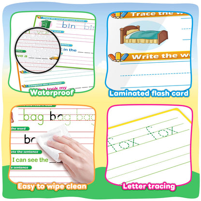 PraxiKidy CVC Word Games Sentence Building for Kids, Handwriting Practice Sight Words Writing Tracing Phonics Flash Cards, Pre k Preschool Kindergarten Learning Activities Homeschool Special Education