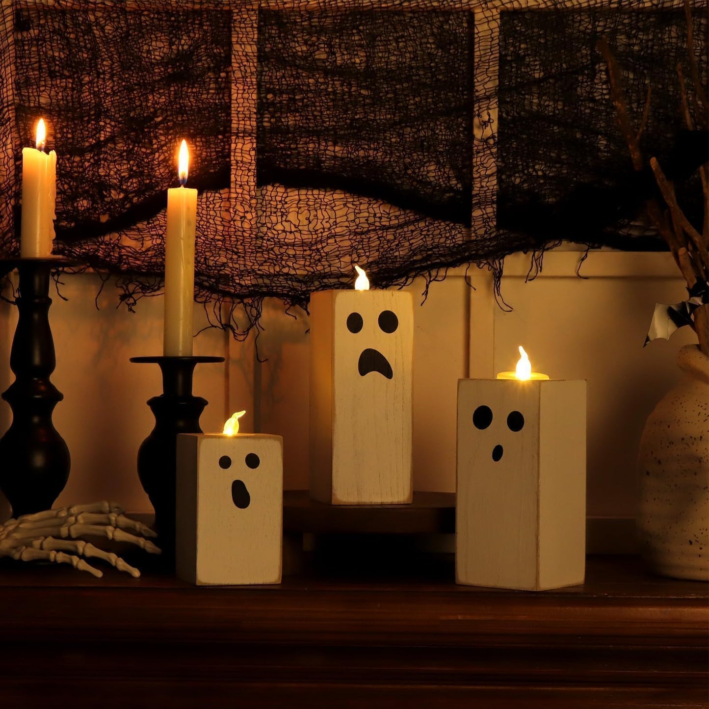 Treory Halloween Decorations: 3pcs Cute White Ghost Decor, Farmhouse Wooden Ghost Sign with Flameless LED Tea Lights, Rustic Room Decor for Kids Home Office School Desk Fireplace