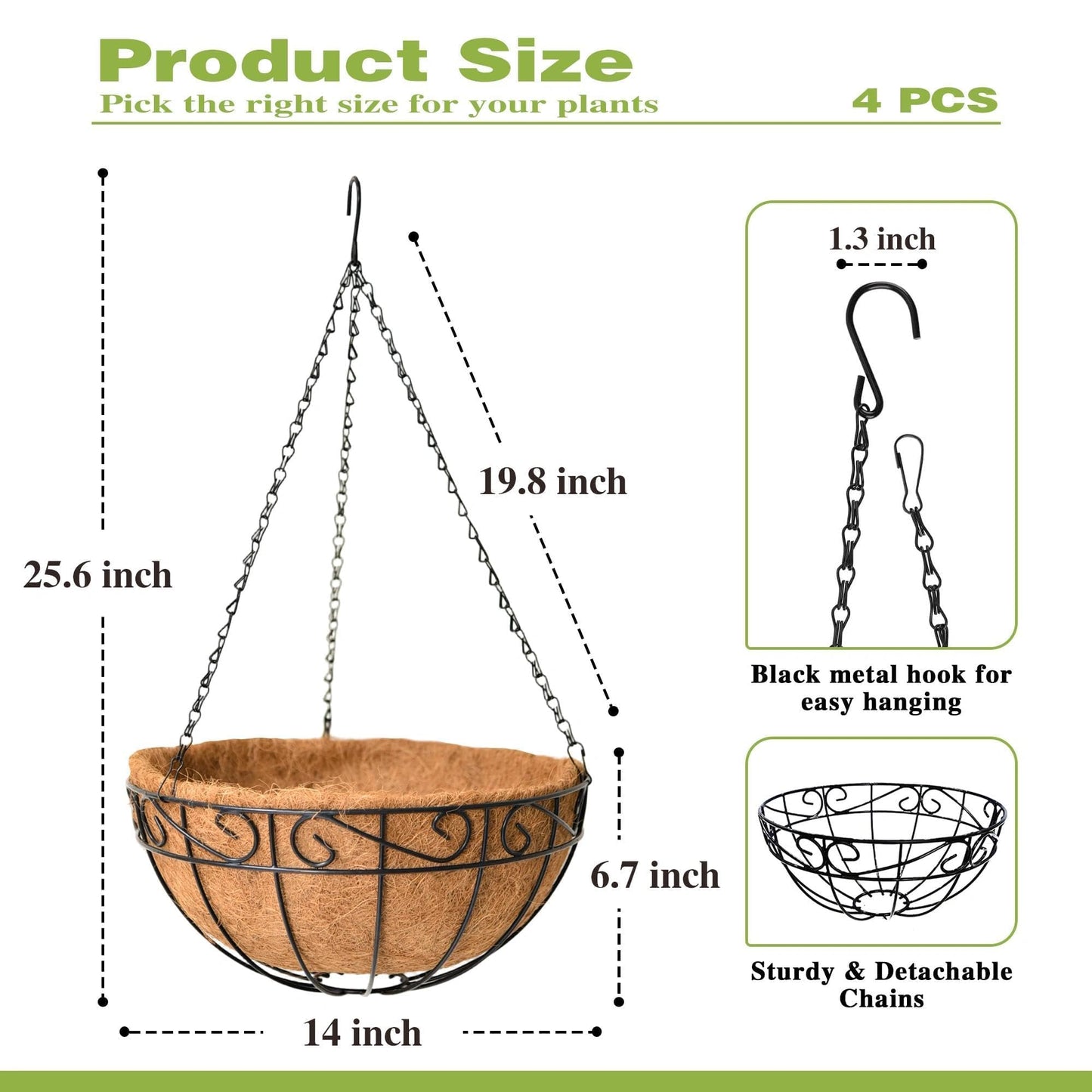 Qusuxi 4 Pack 14 Inch Hanging Baskets for Plants Outdoor Metal Hanging Planter Hanging Flower Baskets with Coco Fiber Liners Chain Round Wire Plant Holder Hangings Flower Pots(Plaid)