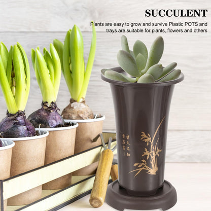 2-Pack Tall Orchid Pots with Drainage Trays, 9.4 Inch Plastic Breathable Planters for Cymbidium & Indoor Plants, Lightweight Chinese Style Bonsai Nursery Container