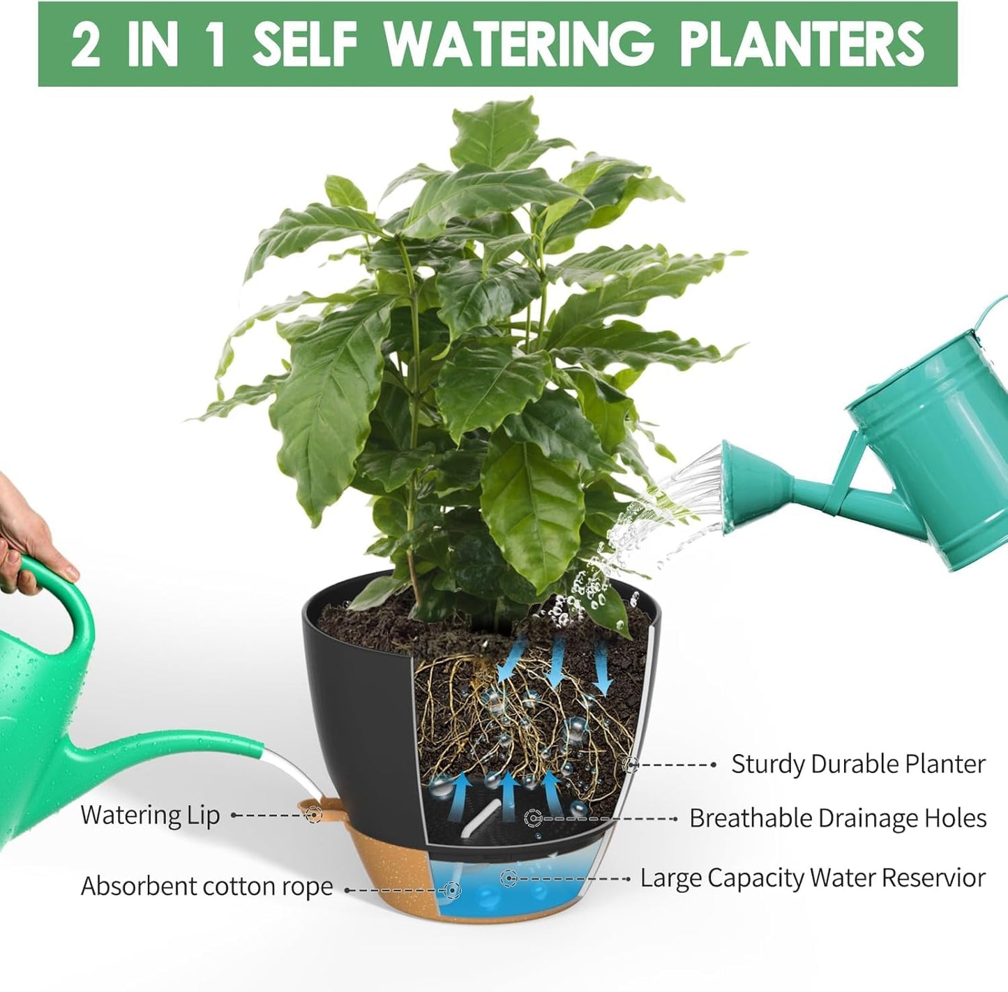 ZMTECH 10 Inch Plant Pots Set of 2 Planters for Indoor Plants Self Watering Pots Flower Pots with Drainage Holes and Saucer for Outdoor Plants(Black with Brown)