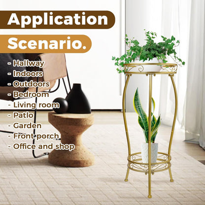 Kavlium Plant Stand Indoor Outdoor，Tall Gold Metal Rustproof Stable Plant Stands，2 Tier 27.1 inch Multiple Plant Rack Holder Rack Flower Pot Stand Heavy Duty Plant Shelf (Gold)